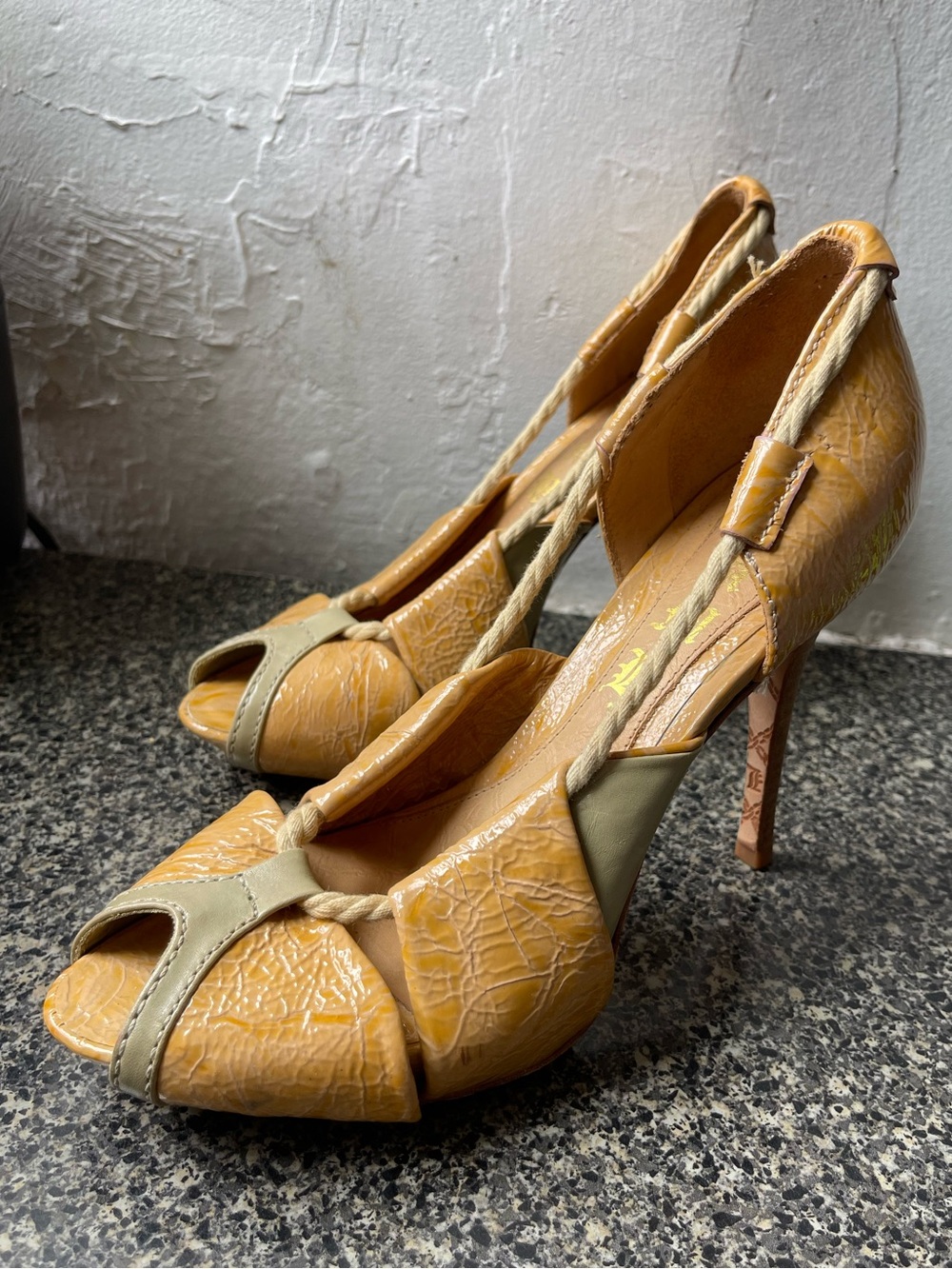 Women's LAMB leather sole Open-Toe High Heels in Mustard Yellow